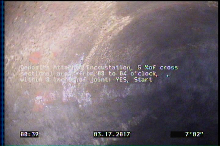 Deposits Attached Encrustation, 5 %of cross sectional area, from 08 to 04 o'clock, , within 8 inches of joint: YES, Start