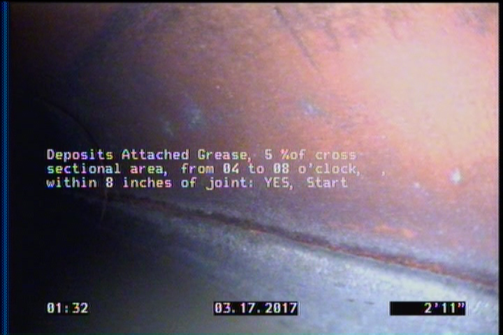 Deposits Attached Grease, 5 %of cross sectional area, from 04 to 08 o'clock, , within 8 inches of joint: YES, Start