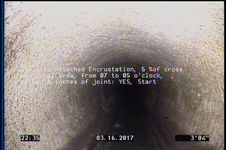 Deposits Attached Encrustation, 5 %of cross sectional area, from 07 to 05 o'clock, , within 8 inches of joint: YES, Start
