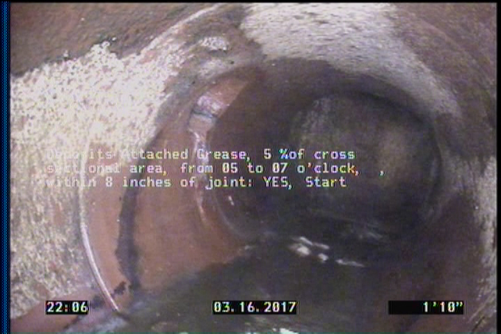 Deposits Attached Grease, 5 %of cross sectional area, from 05 to 07 o'clock, , within 8 inches of joint: YES, Start