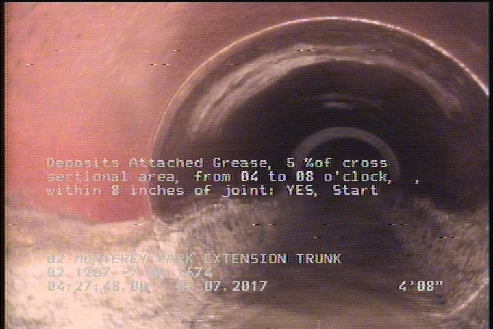 Deposits Attached Grease, 5 %of cross sectional area, from 04 to 08 o'clock, , within 8 inches of joint: YES, Start