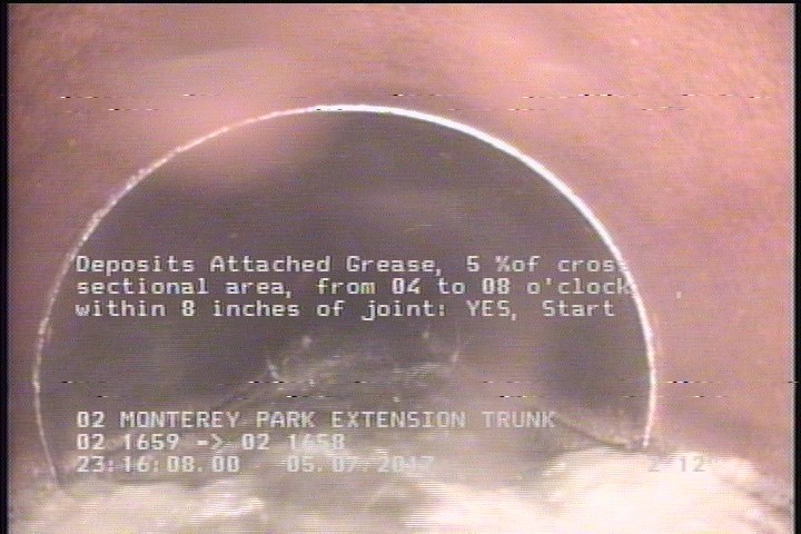 Deposits Attached Grease, 5 %of cross sectional area, from 04 to 08 o'clock, , within 8 inches of joint: YES, Start