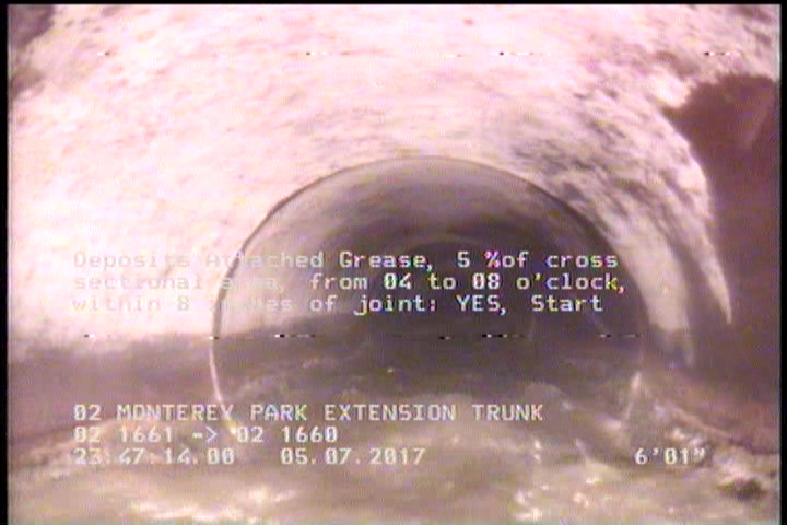 Deposits Attached Grease, 5 %of cross sectional area, from 04 to 08 o'clock, , within 8 inches of joint: YES, Start