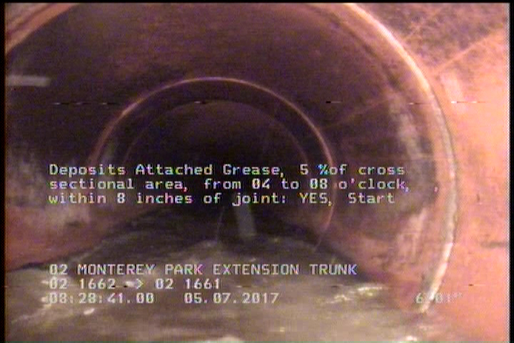 Deposits Attached Grease, 5 %of cross sectional area, from 04 to 08 o'clock, , within 8 inches of joint: YES, Start