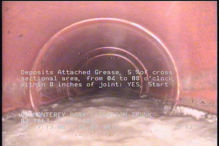 Deposits Attached Grease, 5 %of cross sectional area, from 04 to 08 o'clock, , within 8 inches of joint: YES, Start