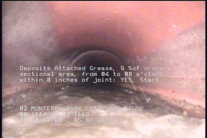 Deposits Attached Grease, 5 %of cross sectional area, from 04 to 08 o'clock, , within 8 inches of joint: YES, Start