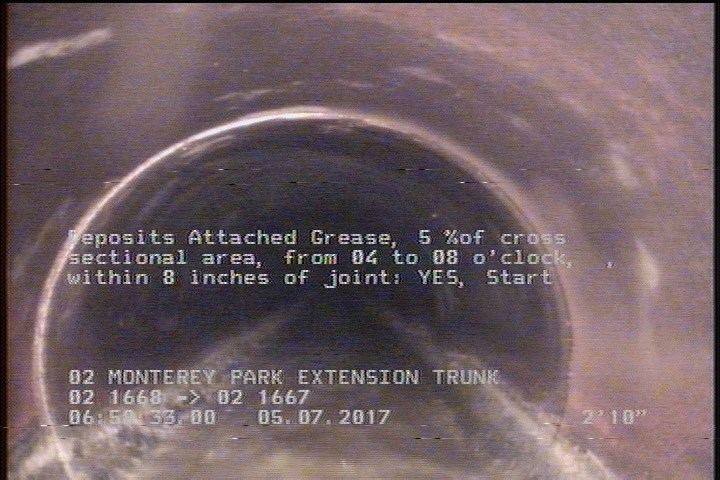 Deposits Attached Grease, 5 %of cross sectional area, from 04 to 08 o'clock, , within 8 inches of joint: YES, Start