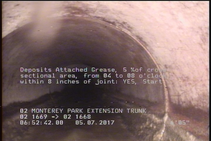 Deposits Attached Grease, 5 %of cross sectional area, from 04 to 08 o'clock, , within 8 inches of joint: YES, Start