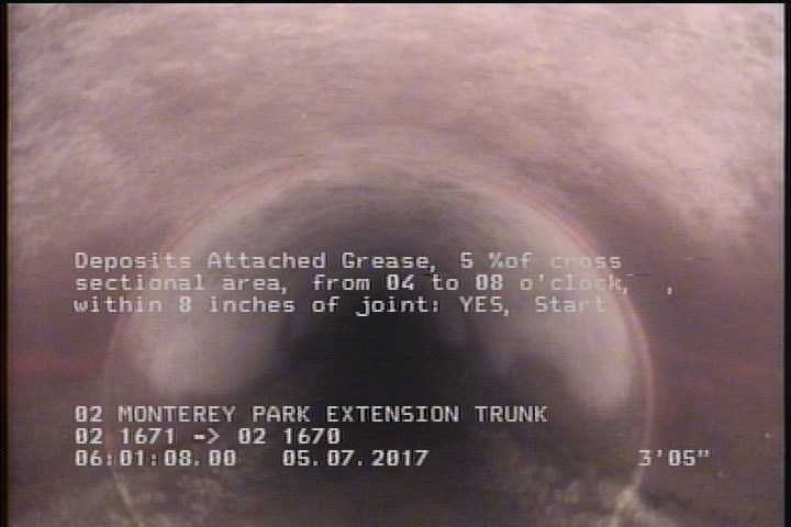 Deposits Attached Grease, 5 %of cross sectional area, from 04 to 08 o'clock, , within 8 inches of joint: YES, Start