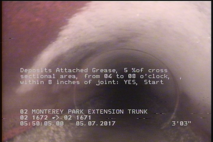Deposits Attached Grease, 5 %of cross sectional area, from 04 to 08 o'clock, , within 8 inches of joint: YES, Start