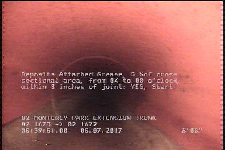 Deposits Attached Grease, 5 %of cross sectional area, from 04 to 08 o'clock, , within 8 inches of joint: YES, Start