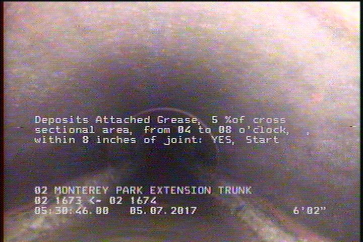 Deposits Attached Grease, 5 %of cross sectional area, from 04 to 08 o'clock, , within 8 inches of joint: YES, Start