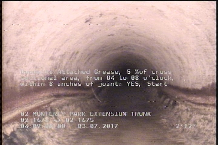 Deposits Attached Grease, 5 %of cross sectional area, from 04 to 08 o'clock, , within 8 inches of joint: YES, Start