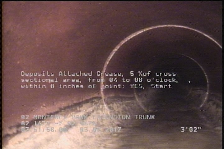 Deposits Attached Grease, 5 %of cross sectional area, from 04 to 08 o'clock, , within 8 inches of joint: YES, Start