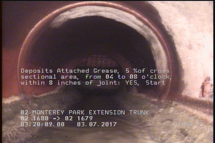 Deposits Attached Grease, 5 %of cross sectional area, from 04 to 08 o'clock, , within 8 inches of joint: YES, Start