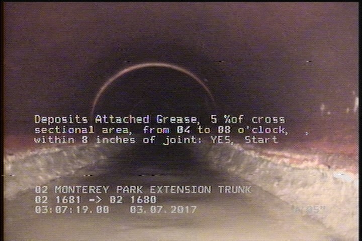 Deposits Attached Grease, 5 %of cross sectional area, from 04 to 08 o'clock, , within 8 inches of joint: YES, Start
