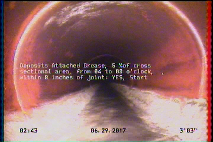 Deposits Attached Grease, 5 %of cross sectional area, from 04 to 08 o'clock, , within 8 inches of joint: YES, Start