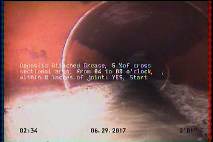 Deposits Attached Grease, 5 %of cross sectional area, from 04 to 08 o'clock, , within 8 inches of joint: YES, Start