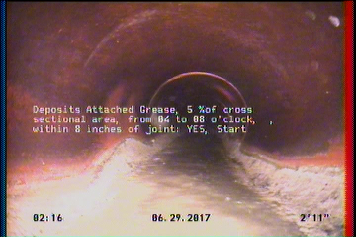 Deposits Attached Grease, 5 %of cross sectional area, from 04 to 08 o'clock, , within 8 inches of joint: YES, Start