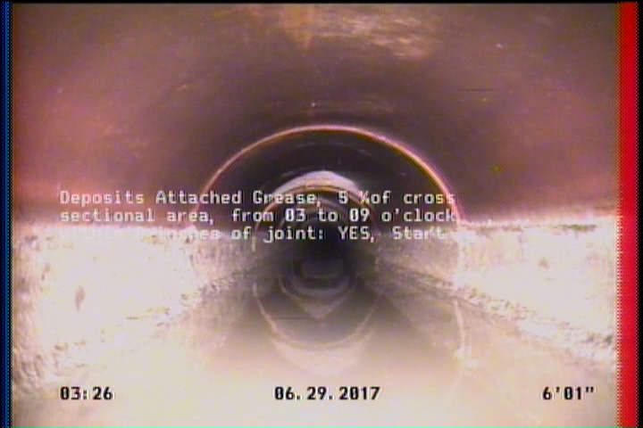 Deposits Attached Grease, 5 %of cross sectional area, from 03 to 09 o'clock, , within 8 inches of joint: YES, Start