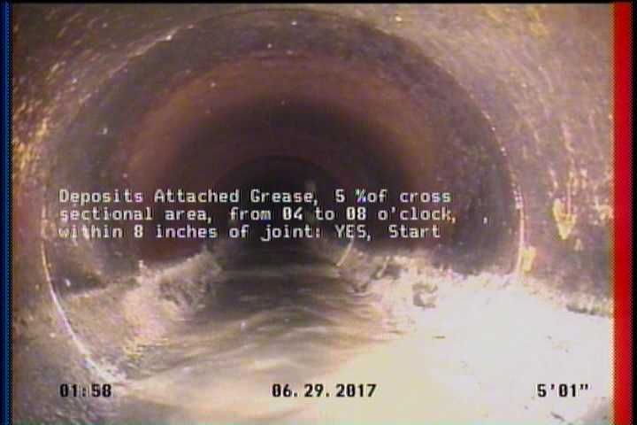 Deposits Attached Grease, 5 %of cross sectional area, from 04 to 08 o'clock, , within 8 inches of joint: YES, Start