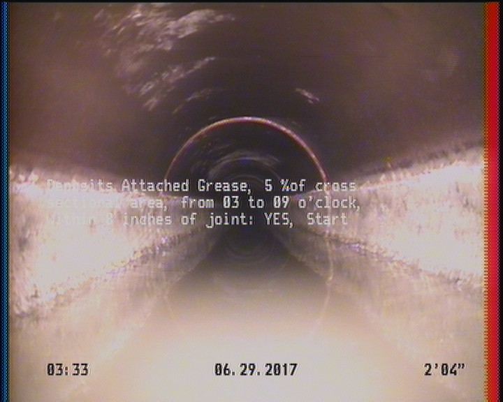Deposits Attached Grease, 5 %of cross sectional area, from 03 to 09 o'clock, , within 8 inches of joint: YES, Start