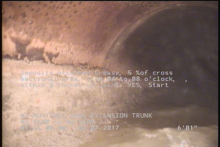 Deposits Attached Grease, 5 %of cross sectional area, from 04 to 08 o'clock, , within 8 inches of joint: YES, Start