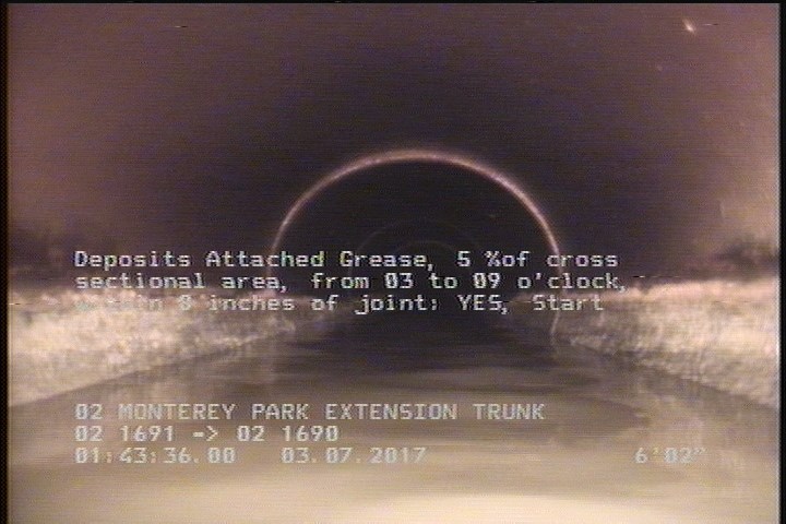 Deposits Attached Grease, 5 %of cross sectional area, from 03 to 09 o'clock, , within 8 inches of joint: YES, Start