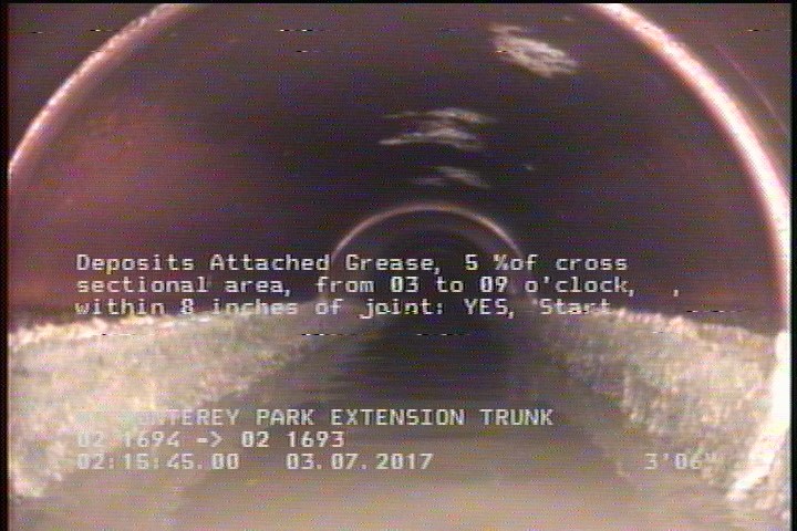 Deposits Attached Grease, 5 %of cross sectional area, from 03 to 09 o'clock, , within 8 inches of joint: YES, Start