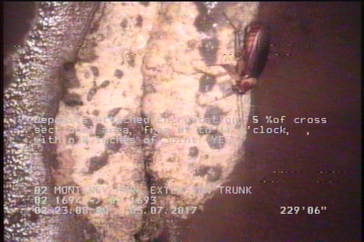 Deposits Attached Encrustation, 5 %of cross sectional area, from 09 to 11 o'clock, , within 8 inches of joint: YES