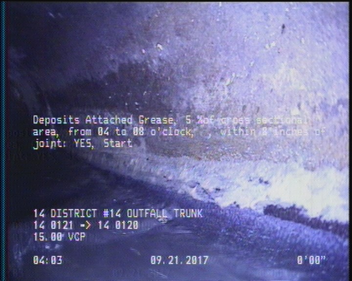 Deposits Attached Grease, 5 %of cross sectional area, from 04 to 08 o'clock, , within 8 inches of joint: YES, Start