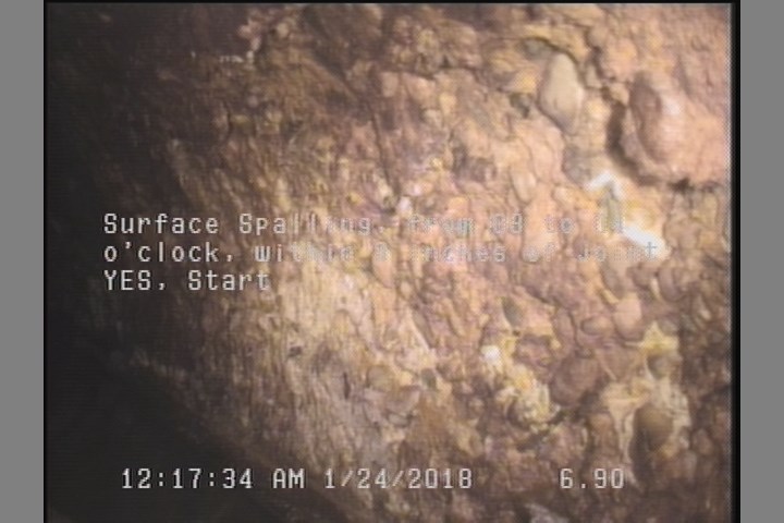 Surface Spalling, from 08 to 04 o'clock, within 8 inches of joint: YES, Start