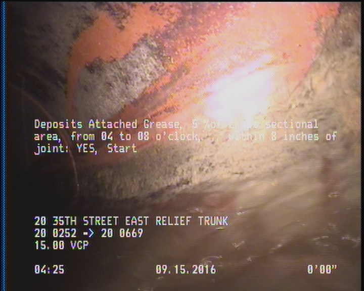 Deposits Attached Grease, 5 %of cross sectional area, from 04 to 08 o'clock, , within 8 inches of joint: YES, Start