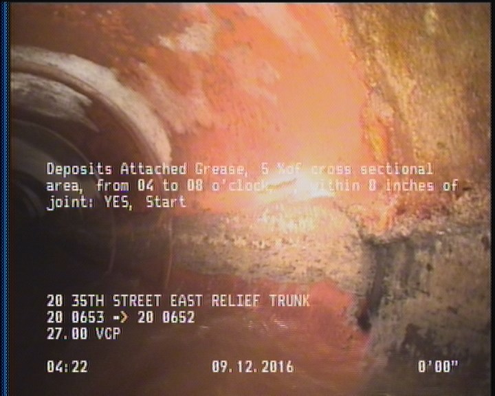 Deposits Attached Grease, 5 %of cross sectional area, from 04 to 08 o'clock, , within 8 inches of joint: YES, Start