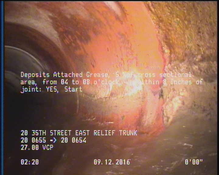 Deposits Attached Grease, 5 %of cross sectional area, from 04 to 08 o'clock, , within 8 inches of joint: YES, Start