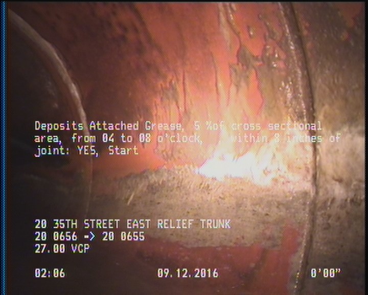 Deposits Attached Grease, 5 %of cross sectional area, from 04 to 08 o'clock, , within 8 inches of joint: YES, Start