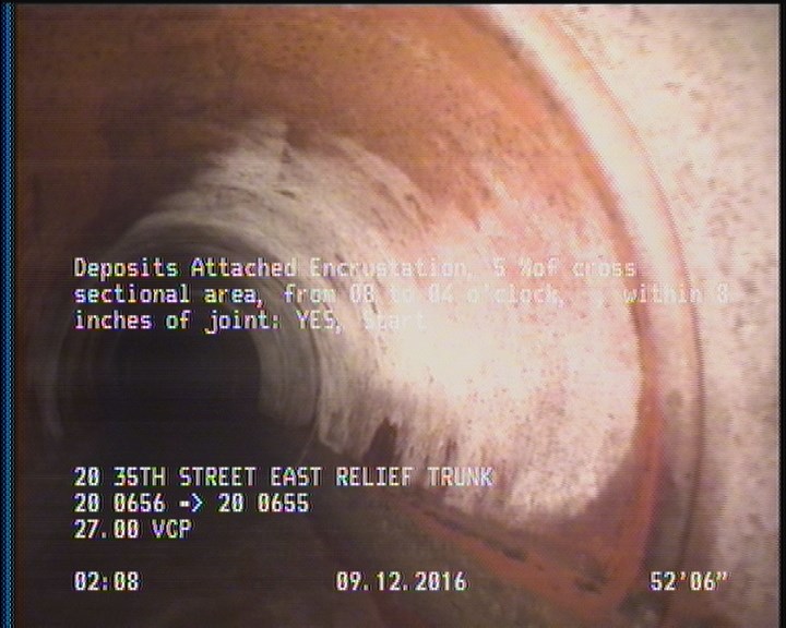 Deposits Attached Encrustation, 5 %of cross sectional area, from 08 to 04 o'clock, , within 8 inches of joint: YES, Start
