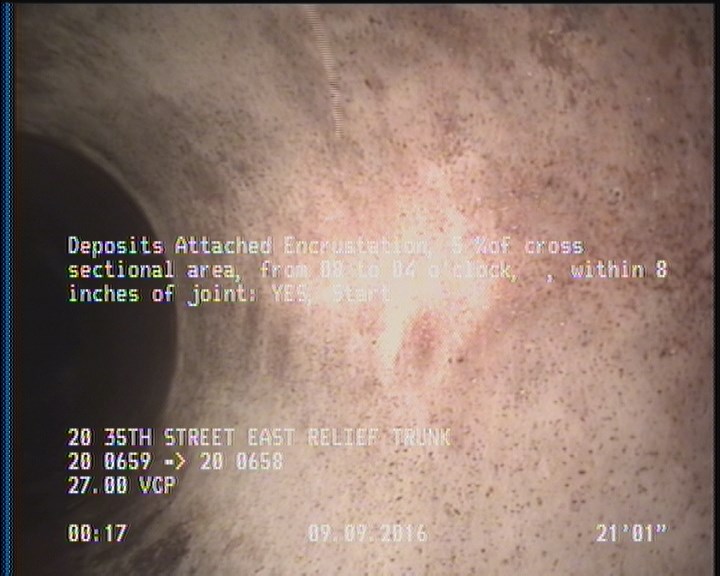 Deposits Attached Encrustation, 5 %of cross sectional area, from 08 to 04 o'clock, , within 8 inches of joint: YES, Start