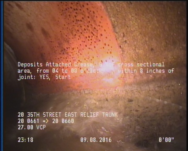 Deposits Attached Grease, 5 %of cross sectional area, from 04 to 08 o'clock, , within 8 inches of joint: YES, Start