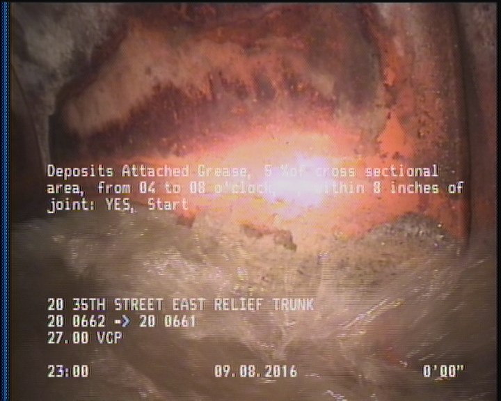 Deposits Attached Grease, 5 %of cross sectional area, from 04 to 08 o'clock, , within 8 inches of joint: YES, Start