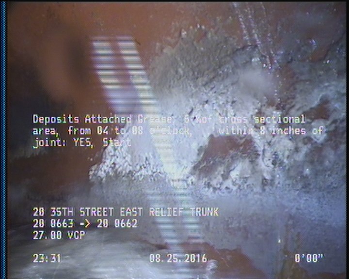 Deposits Attached Grease, 5 %of cross sectional area, from 04 to 08 o'clock, , within 8 inches of joint: YES, Start