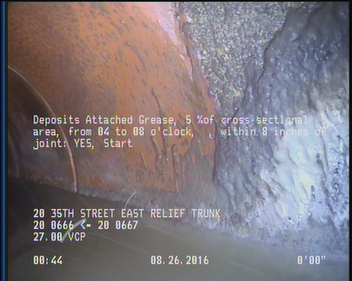 Deposits Attached Grease, 5 %of cross sectional area, from 04 to 08 o'clock, , within 8 inches of joint: YES, Start