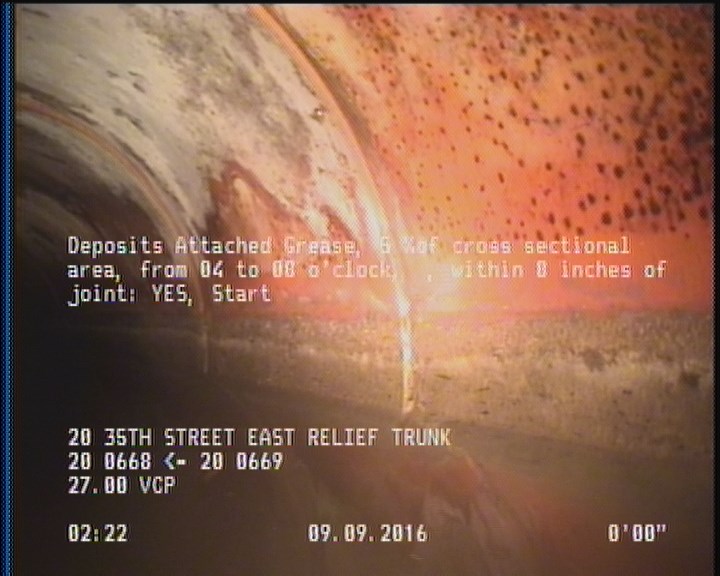 Deposits Attached Grease, 5 %of cross sectional area, from 04 to 08 o'clock, , within 8 inches of joint: YES, Start