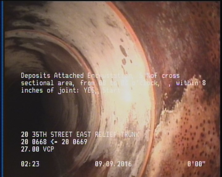 Deposits Attached Encrustation, 5 %of cross sectional area, from 08 to 04 o'clock, , within 8 inches of joint: YES, Start