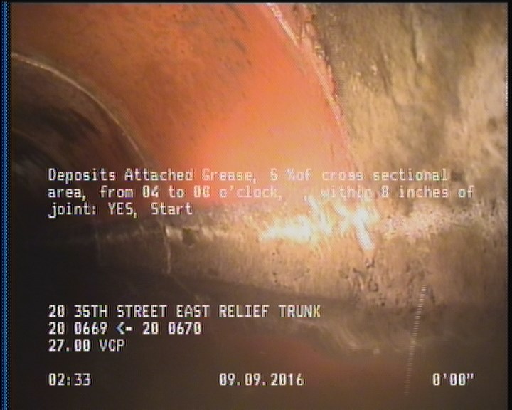 Deposits Attached Grease, 5 %of cross sectional area, from 04 to 08 o'clock, , within 8 inches of joint: YES, Start