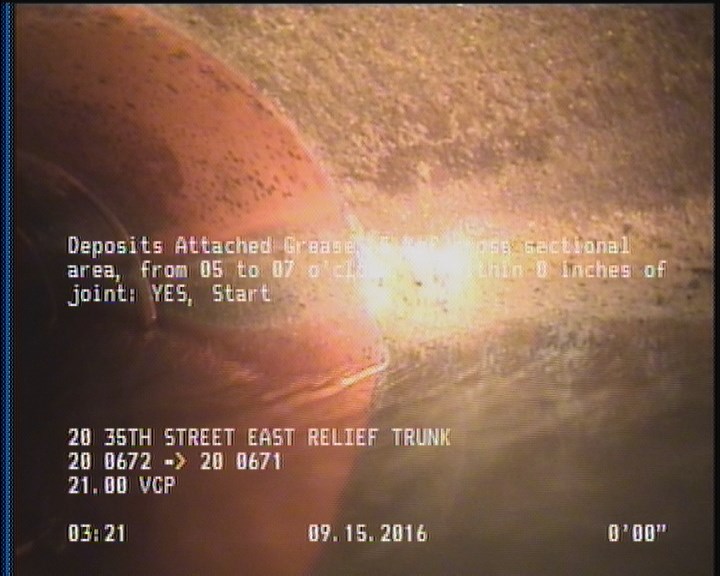 Deposits Attached Grease, 5 %of cross sectional area, from 05 to 07 o'clock, , within 8 inches of joint: YES, Start