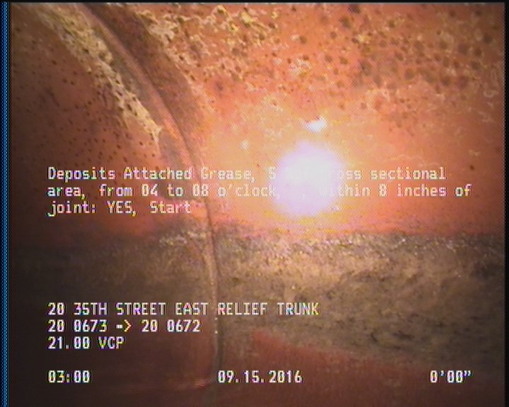 Deposits Attached Grease, 5 %of cross sectional area, from 04 to 08 o'clock, , within 8 inches of joint: YES, Start