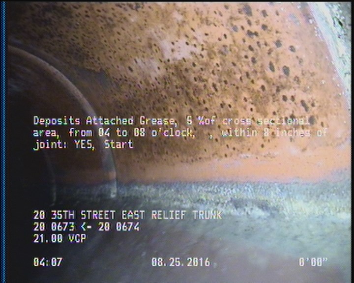 Deposits Attached Grease, 5 %of cross sectional area, from 04 to 08 o'clock, , within 8 inches of joint: YES, Start