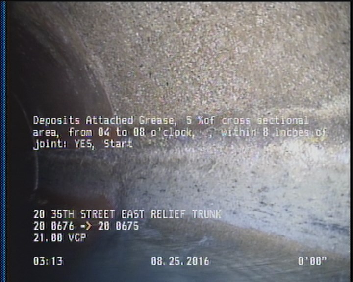 Deposits Attached Grease, 5 %of cross sectional area, from 04 to 08 o'clock, , within 8 inches of joint: YES, Start
