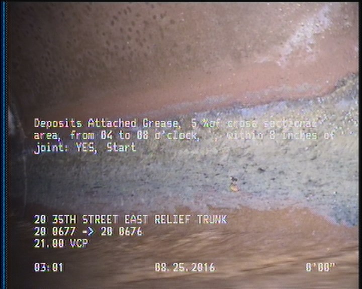 Deposits Attached Grease, 5 %of cross sectional area, from 04 to 08 o'clock, , within 8 inches of joint: YES, Start
